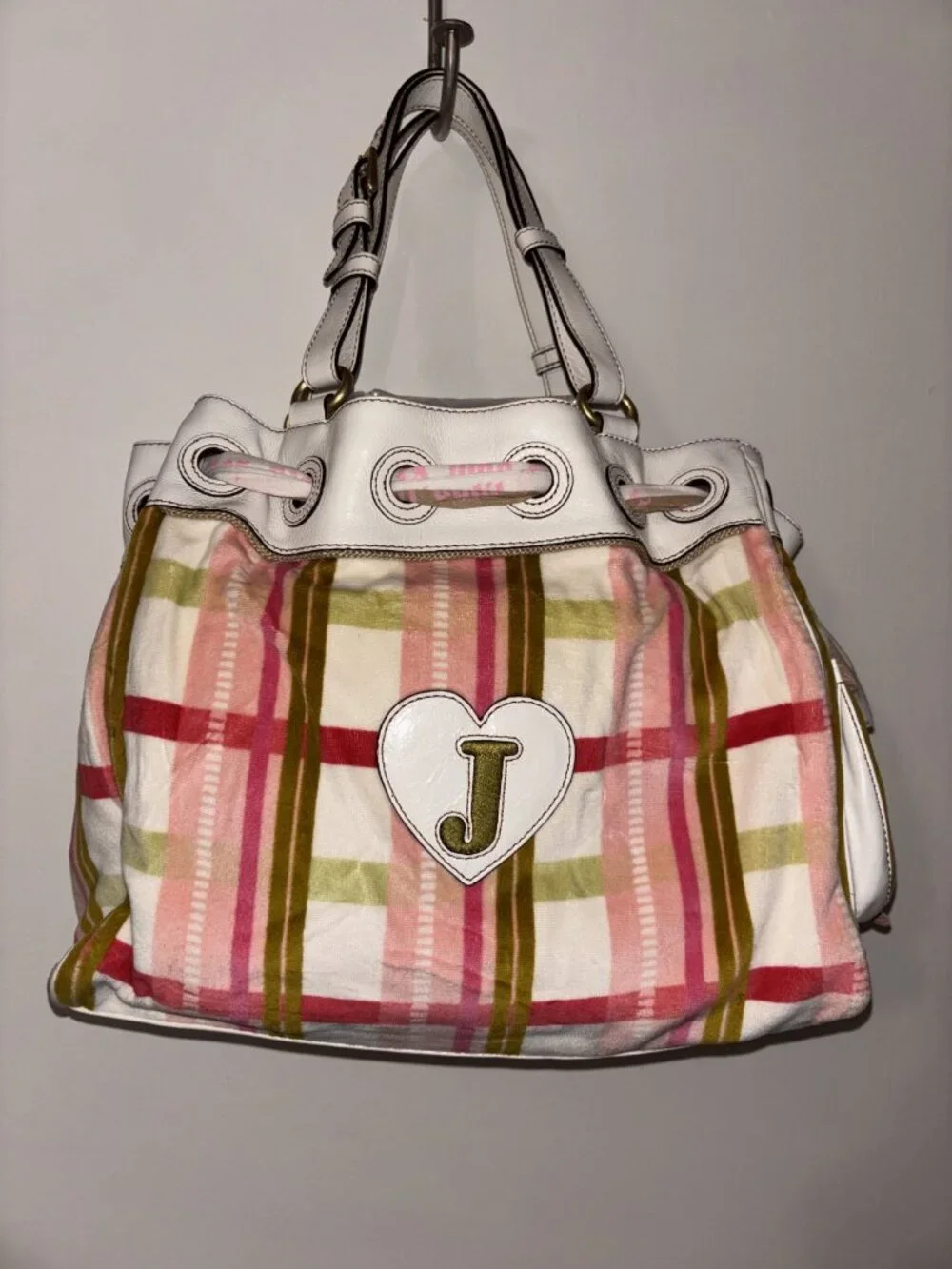 VINTAGE JUICY COUTURE DAYDREAMER White Pink Plaid Daisy Flower Charms Leather